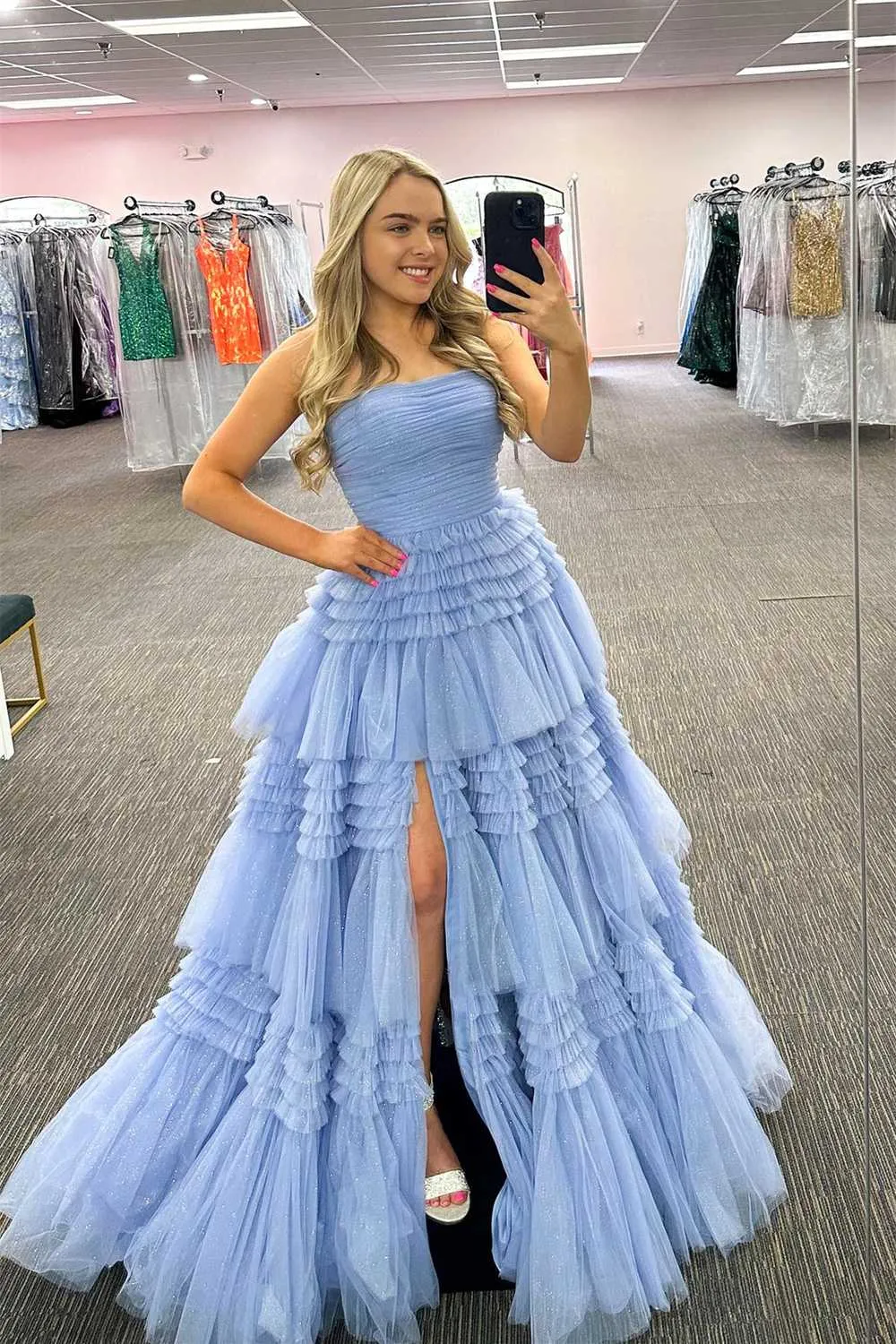 Daniela |A-Line Strapless Tulle Long Prom Dress with Tiered Ruffles