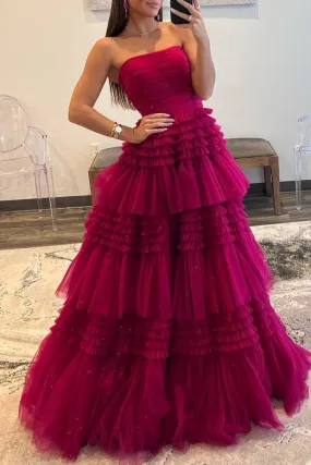 Daniela |A-Line Strapless Tulle Long Prom Dress with Tiered Ruffles