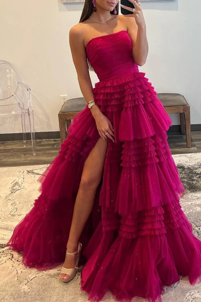 Daniela |A-Line Strapless Tulle Long Prom Dress with Tiered Ruffles