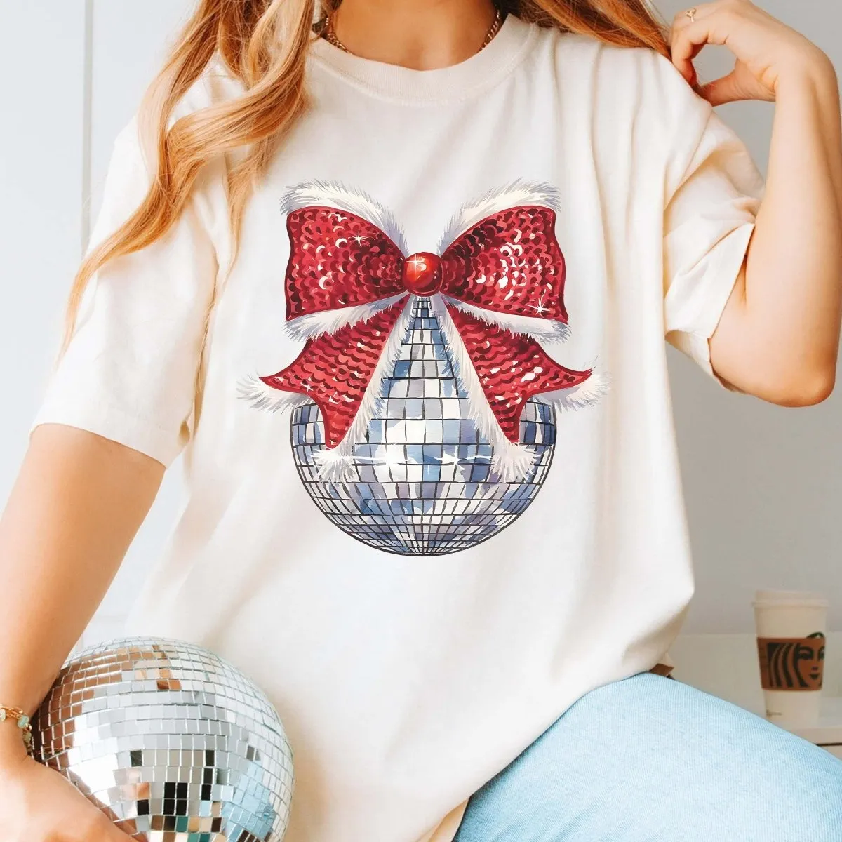 Disco Christmas Bow Wholesale Comfort Color Graphic Tee - Quick Shipping