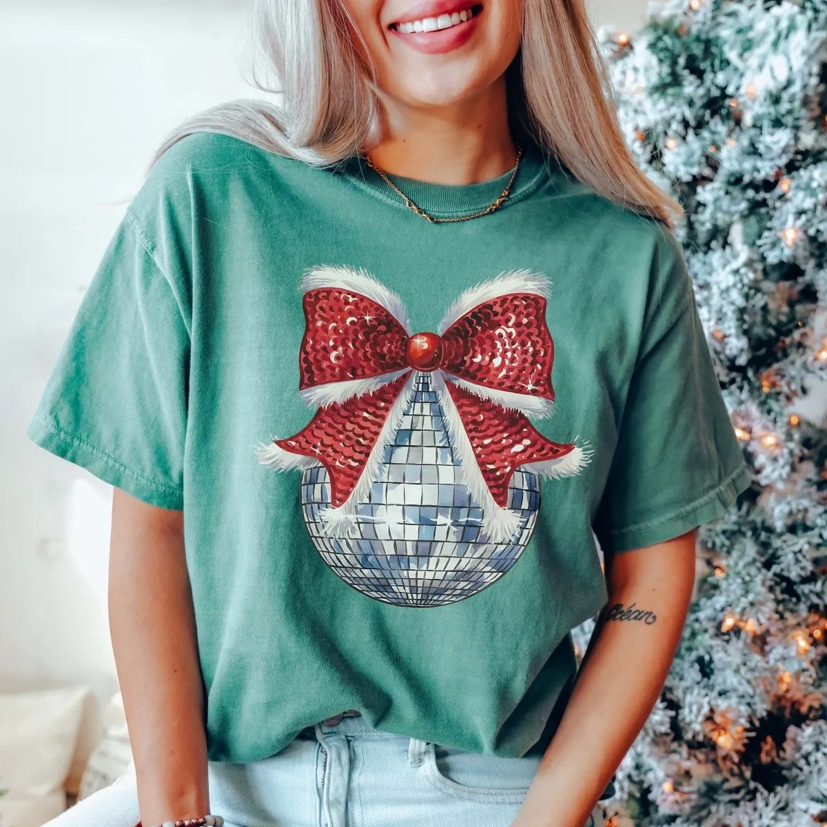 Disco Christmas Bow Wholesale Comfort Color Graphic Tee - Quick Shipping