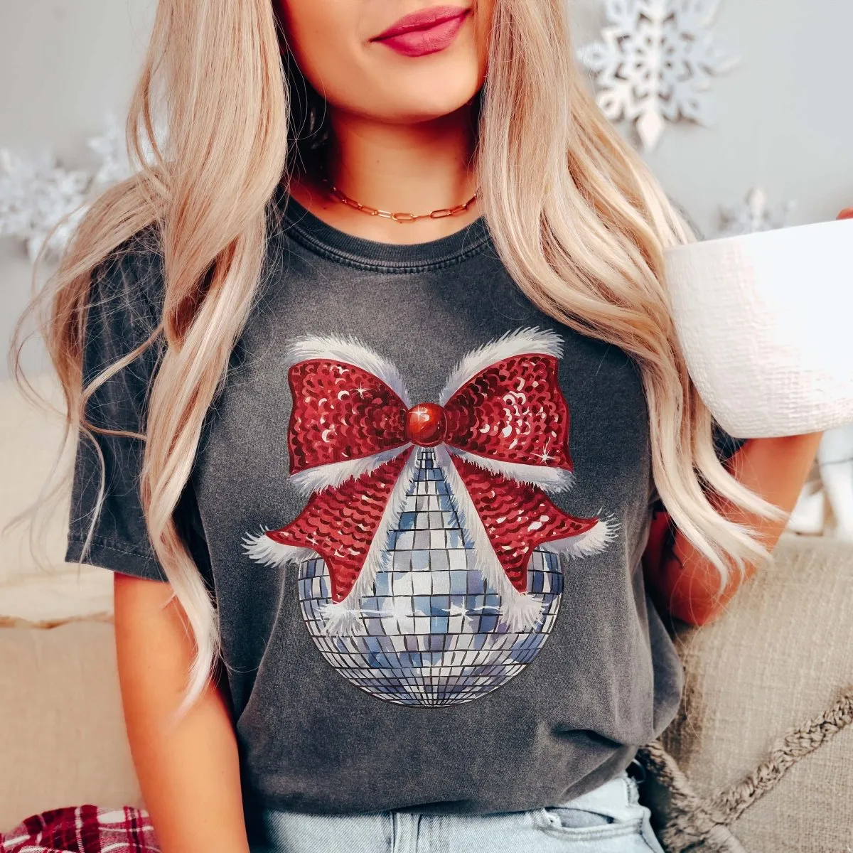 Disco Christmas Bow Wholesale Comfort Color Graphic Tee - Quick Shipping