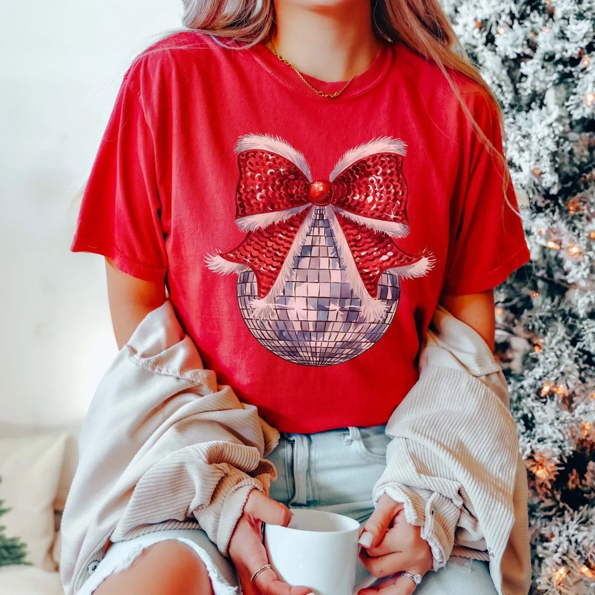 Disco Christmas Bow Wholesale Comfort Color Graphic Tee - Quick Shipping