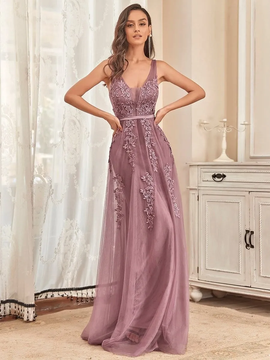 Elegant Sleeveless Applique Flowy Tulle Evening Dress