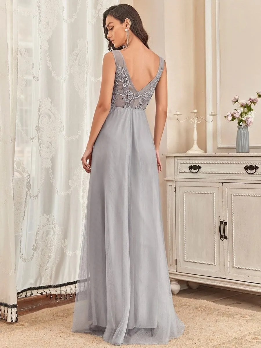 Elegant Sleeveless Applique Flowy Tulle Evening Dress