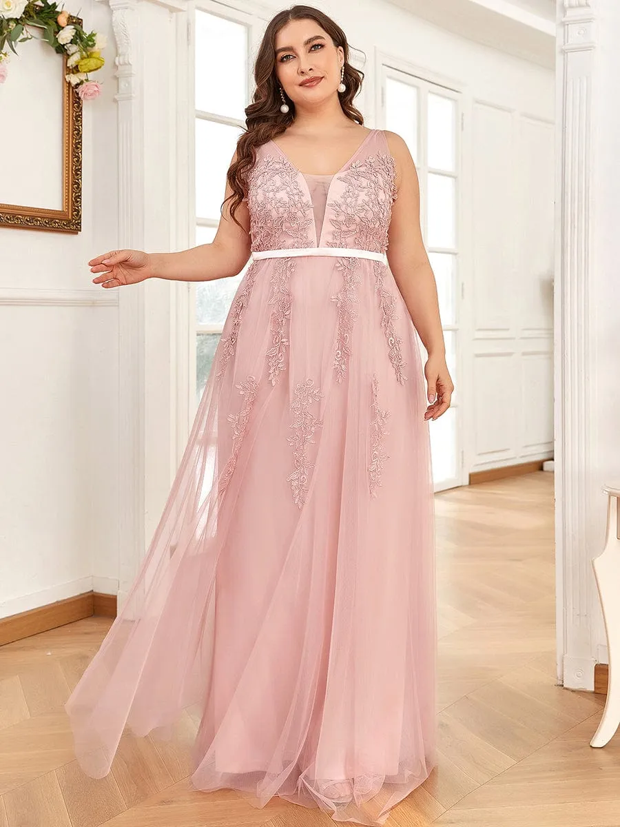 Elegant Sleeveless Applique Flowy Tulle Evening Dress