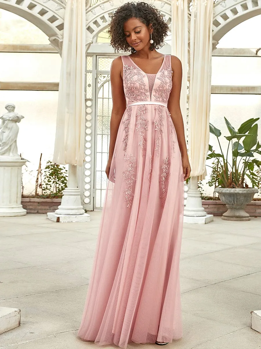 Elegant Sleeveless Applique Flowy Tulle Evening Dress