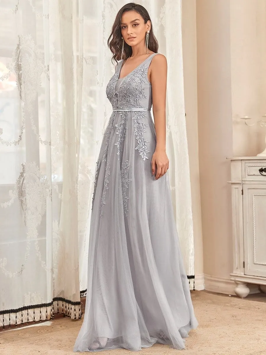 Elegant Sleeveless Applique Flowy Tulle Evening Dress