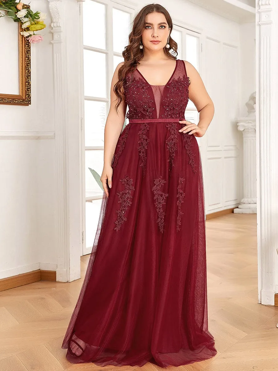 Elegant Sleeveless Applique Flowy Tulle Evening Dress