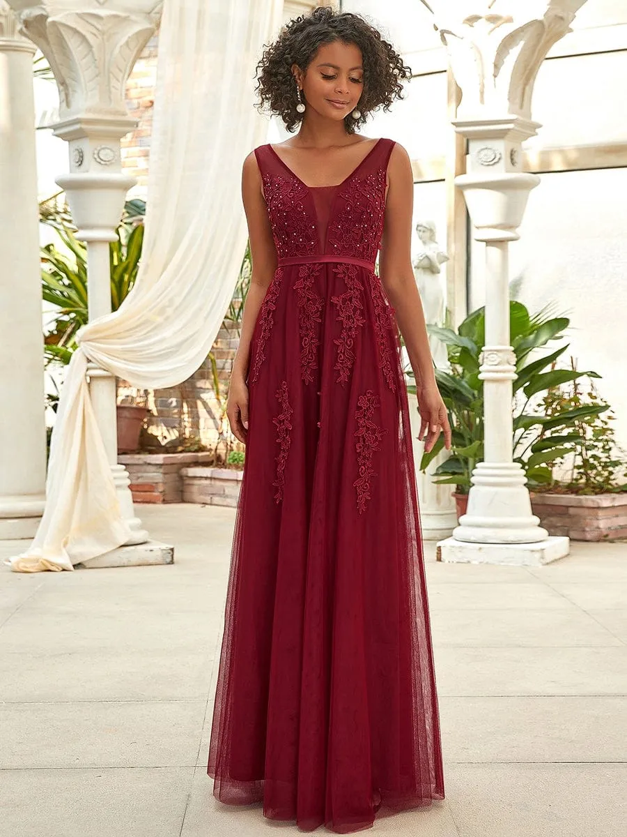 Elegant Sleeveless Applique Flowy Tulle Evening Dress