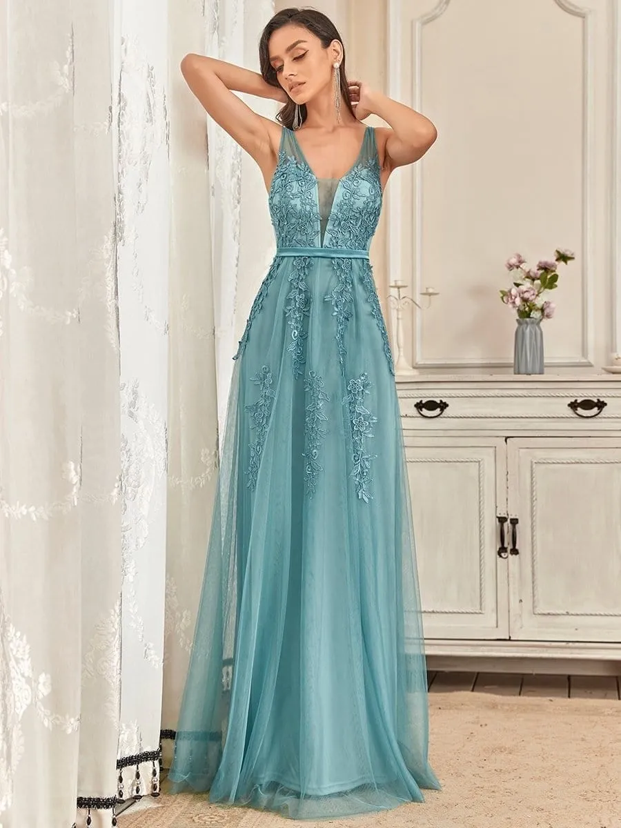 Elegant Sleeveless Applique Flowy Tulle Evening Dress