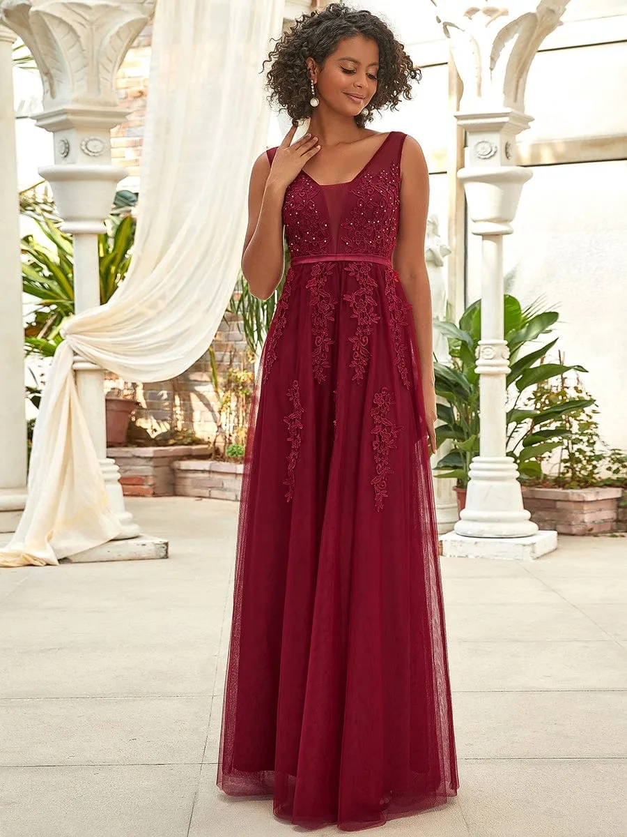 Elegant Sleeveless Applique Flowy Tulle Evening Dress