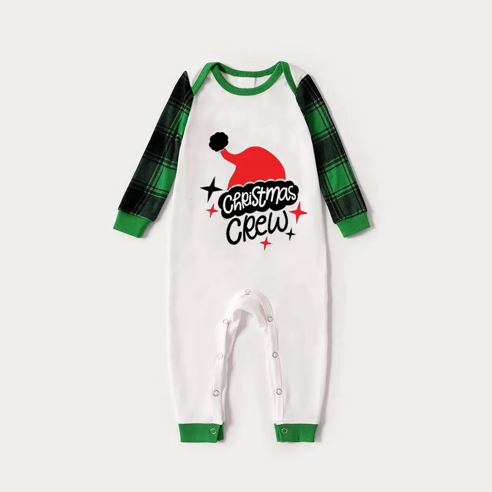 Family Look Pajamas "Christmas crew" letter print, Christmas pajamas, patchwork tops and green plaid pants