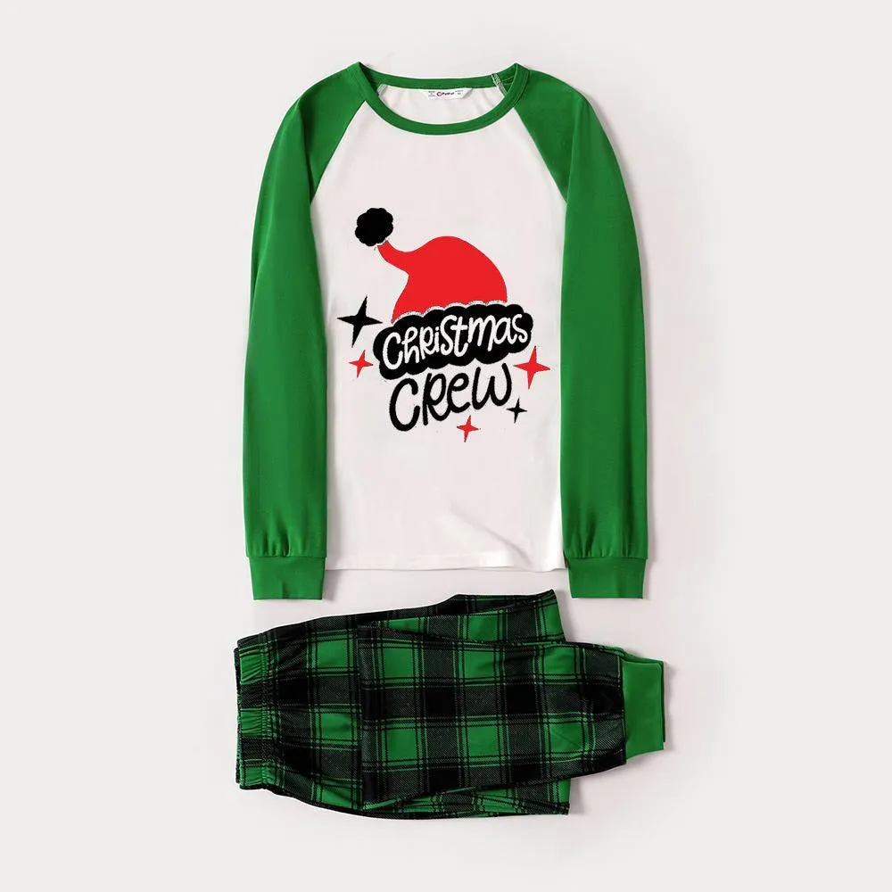 Family Look Pajamas "Christmas crew" letter print, Christmas pajamas, patchwork tops and green plaid pants