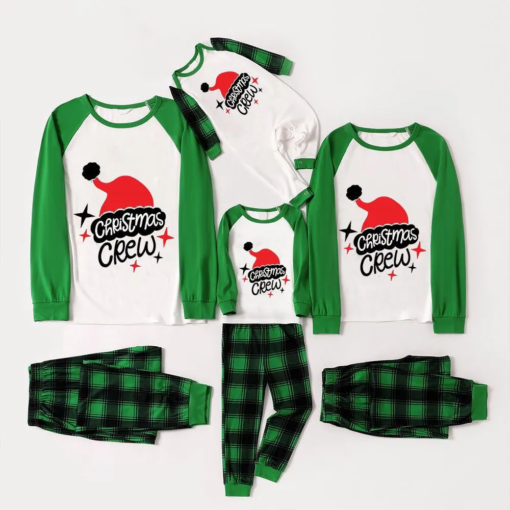 Family Look Pajamas "Christmas crew" letter print, Christmas pajamas, patchwork tops and green plaid pants