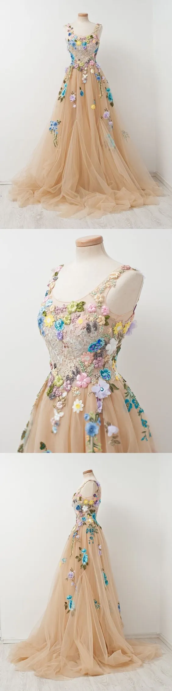 Floral Champagne Tulle FLowy Prom Dress