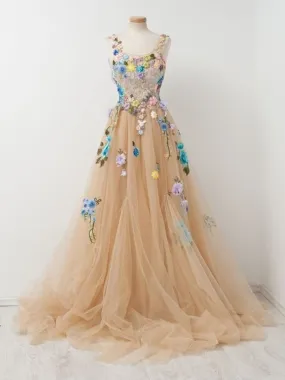 Floral Champagne Tulle FLowy Prom Dress