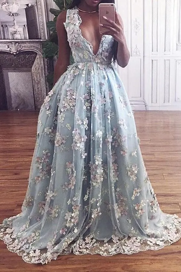 Floral Lace Deep V-neck A Line Light Sky Blue Princess Prom Dress PFP0245