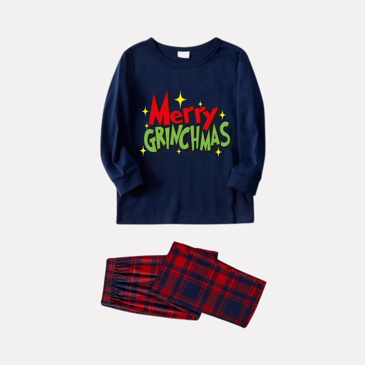 Funny Christmas Slogan Print Blue Long Sleeve Top with Blue & Red Plaid Family Matching Pajamas