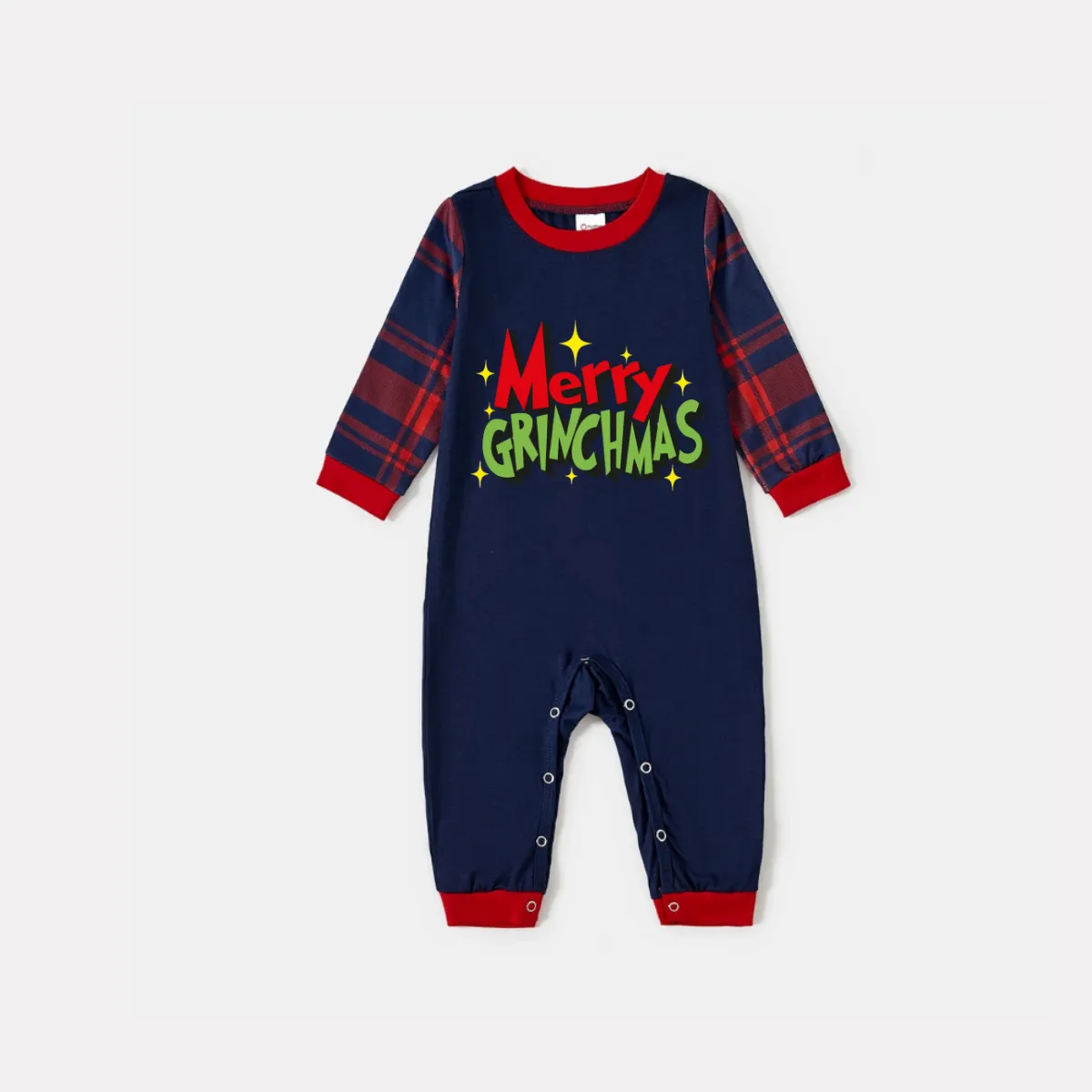 Funny Christmas Slogan Print Blue Long Sleeve Top with Blue & Red Plaid Family Matching Pajamas