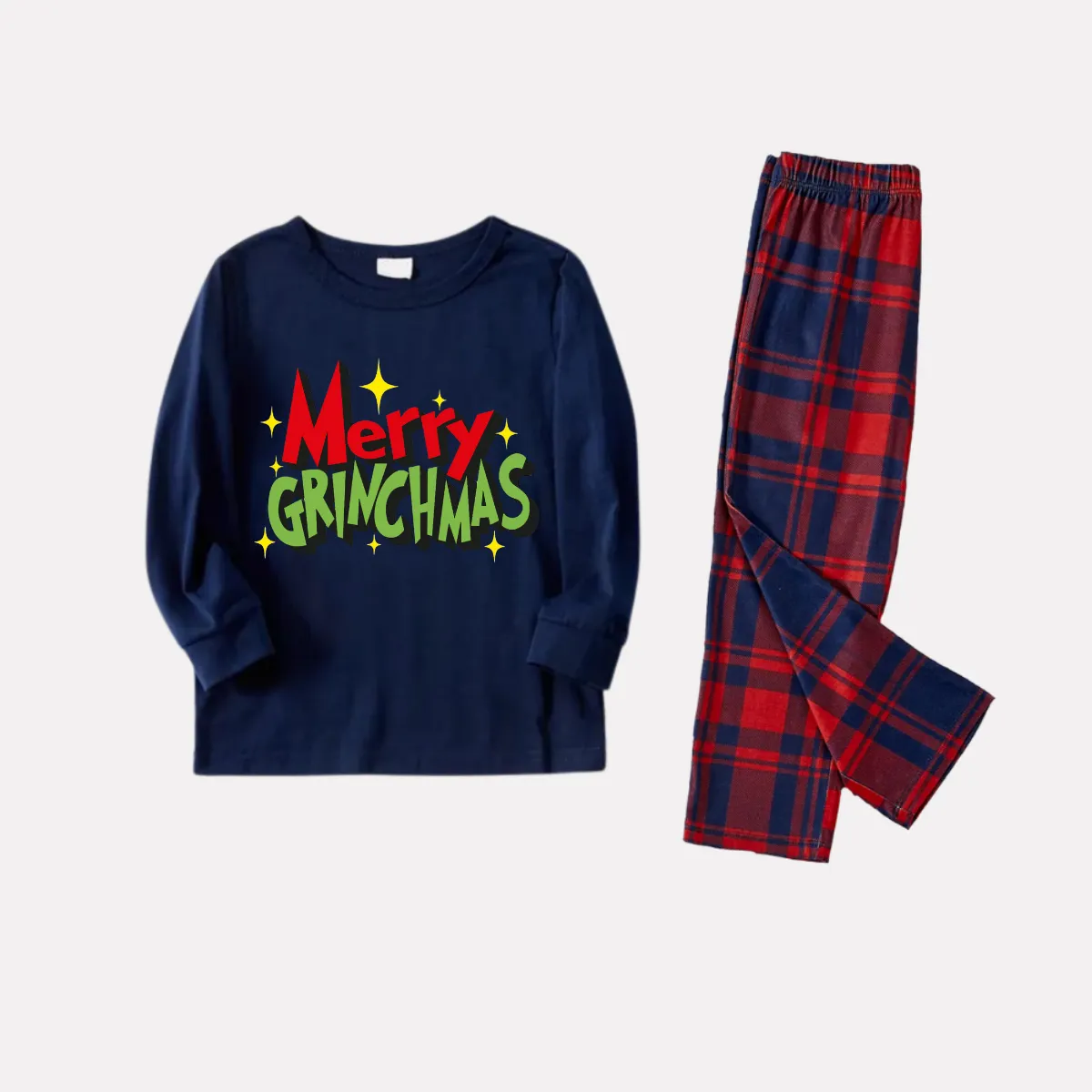 Funny Christmas Slogan Print Blue Long Sleeve Top with Blue & Red Plaid Family Matching Pajamas