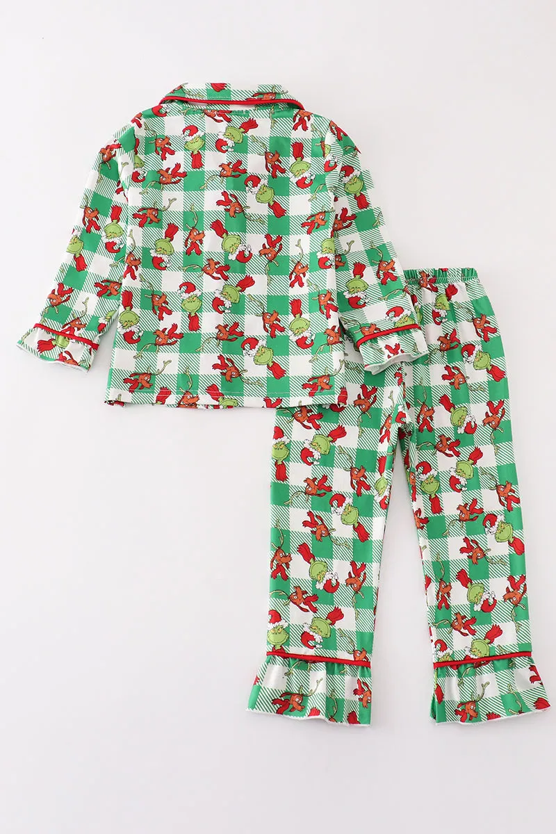 Green grinch print plaid ruffle girl pajamas set