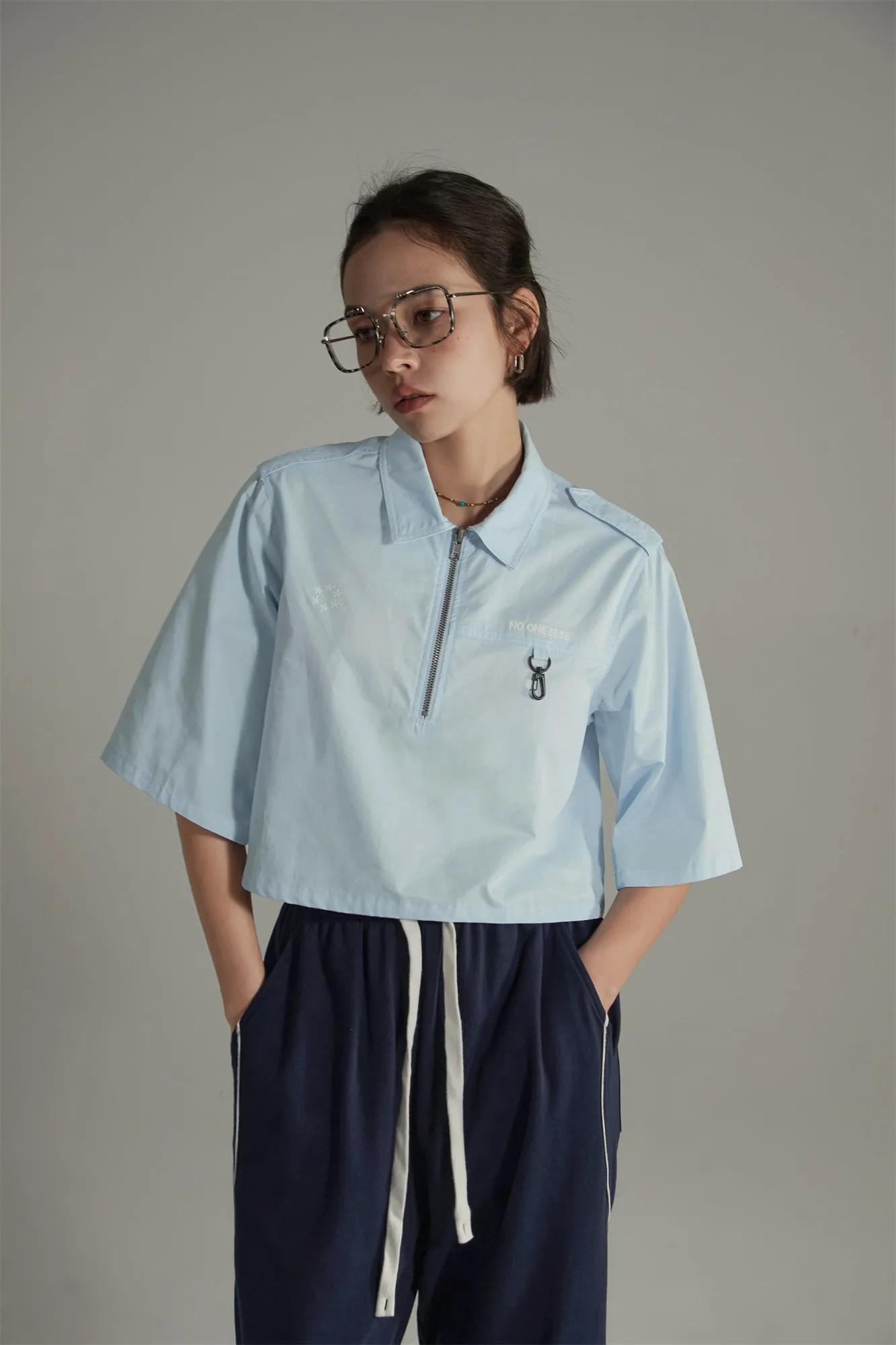 Half Zip-Up Pastel Boxy Crop T-Shirt