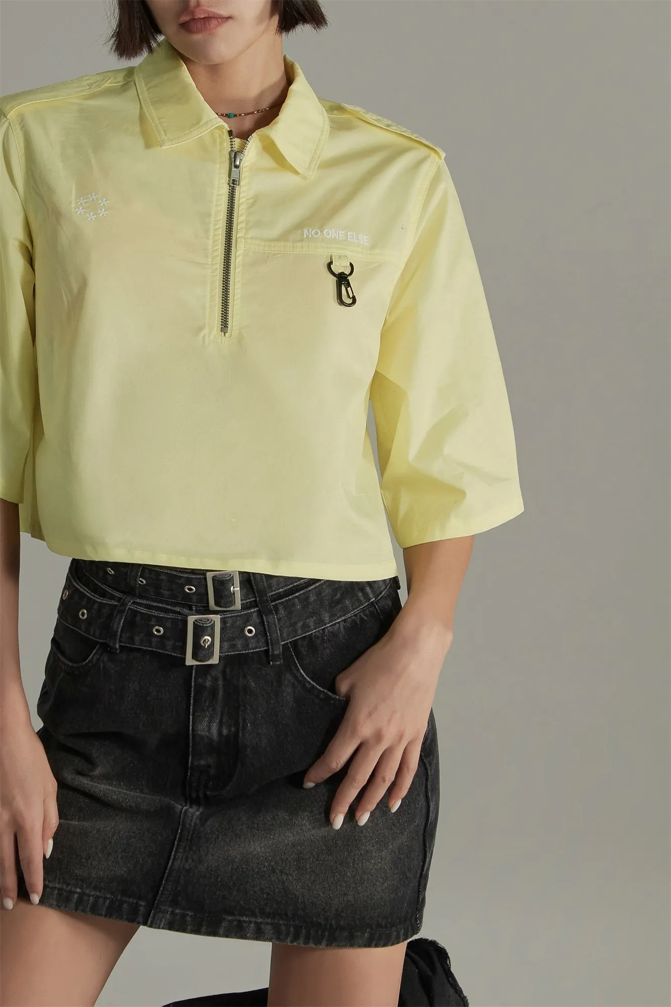 Half Zip-Up Pastel Boxy Crop T-Shirt