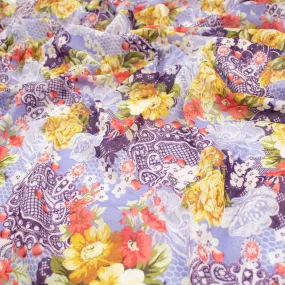 Japanese Pure Cotton Lawn Prints Design-155 Yellow & Red Flowers on Purple