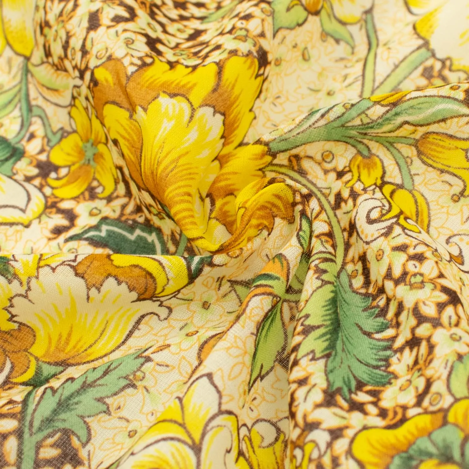 Japanese Pure Cotton Lawn Prints Design-158 Yellow & Green Large Floral Vines