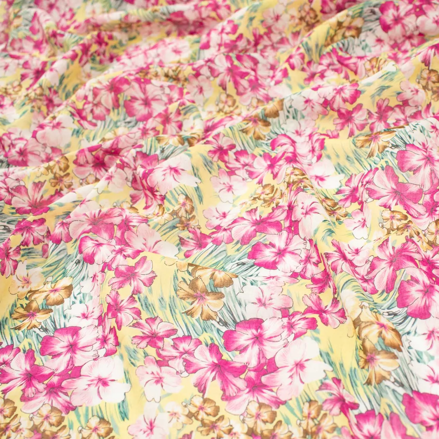 Japanese Pure Cotton Lawn Prints Design-159 Pink Floral Bloom on Pale Yellow