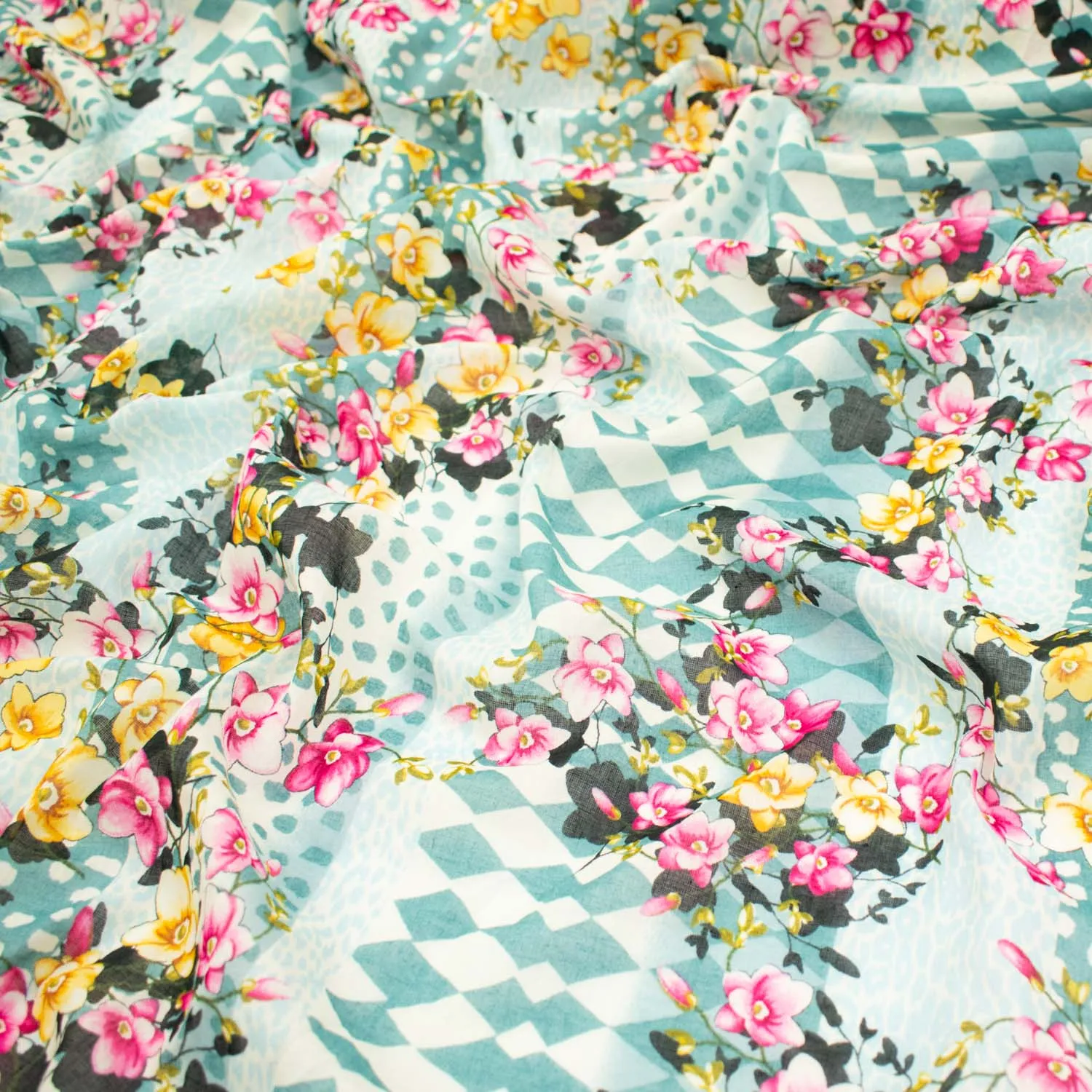 Japanese Pure Cotton Lawn Prints Design-174 Yellow & Pink Floral Vines on Light Teal