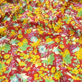 Japanese Pure Cotton Lawn Prints Design-185 Multicolour Floral Bloom on Dark Red