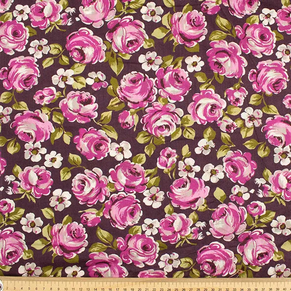 Japanese Pure Cotton Lawn Prints DF-224 Cerise Pink Roses on Maroon