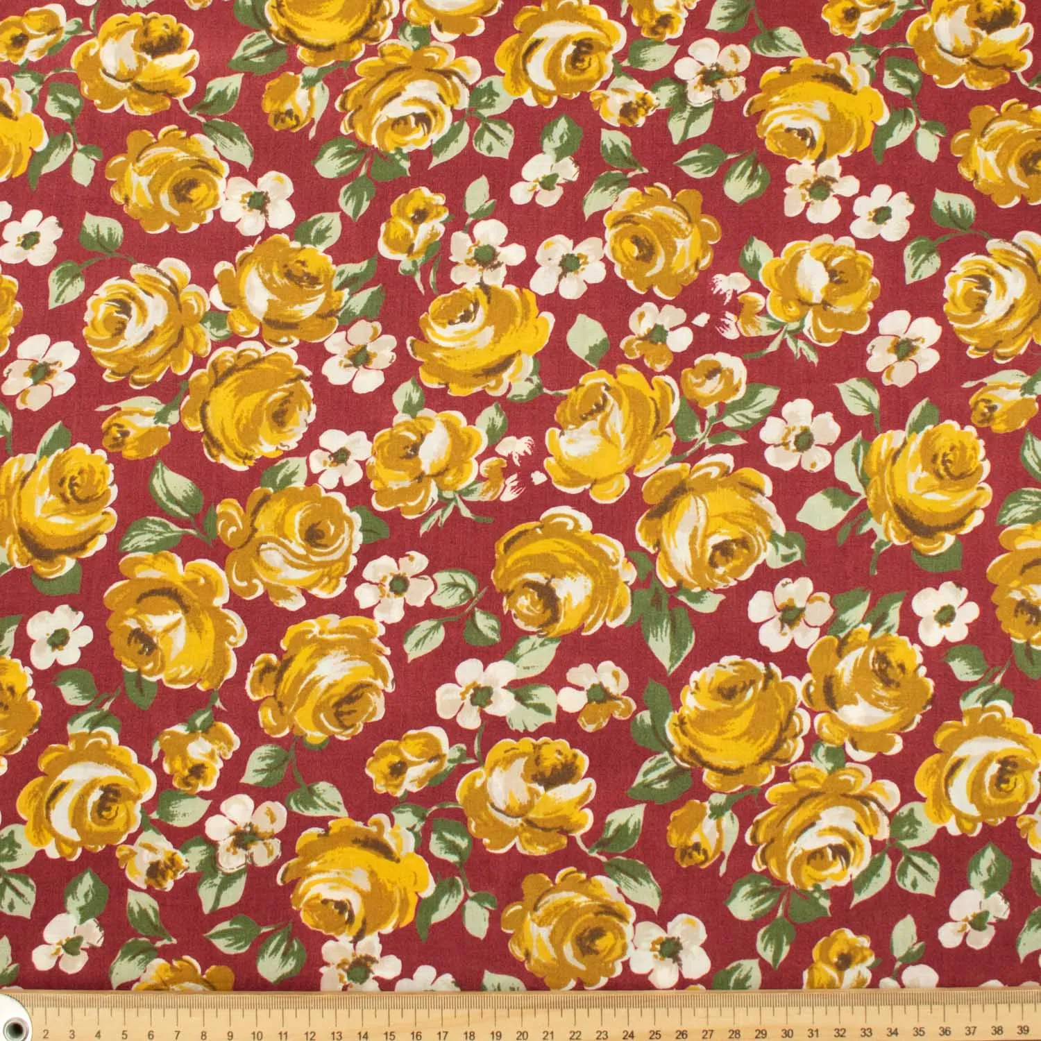 Japanese Pure Cotton Lawn Prints DF-226 Yellow Roses on Dark Red