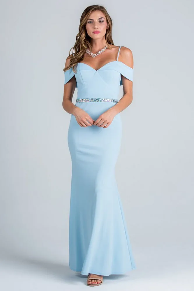 Light Blue Off Shoulder Waist Beaded Long Dress