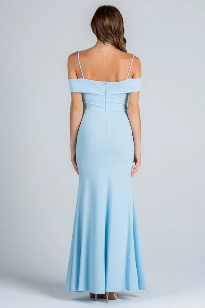 Light Blue Off Shoulder Waist Beaded Long Dress