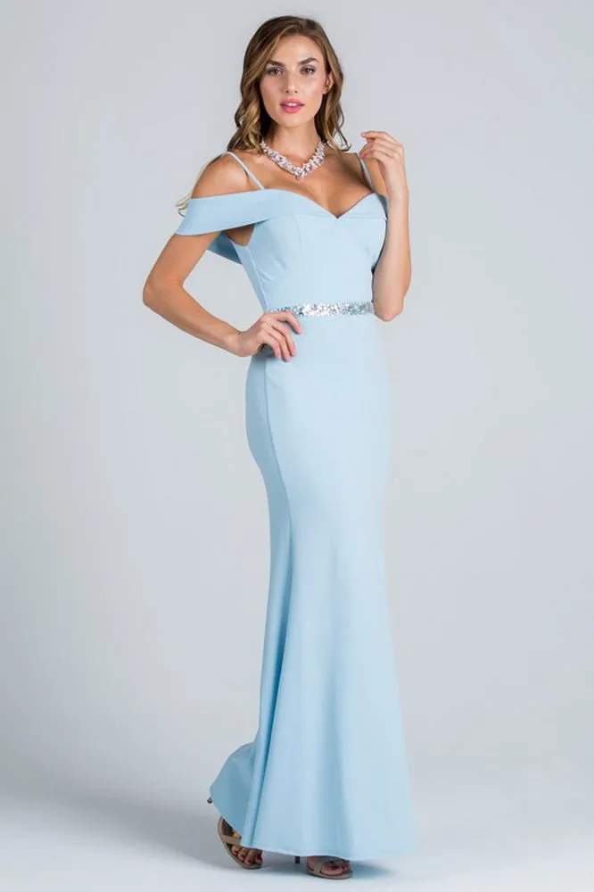 Light Blue Off Shoulder Waist Beaded Long Dress