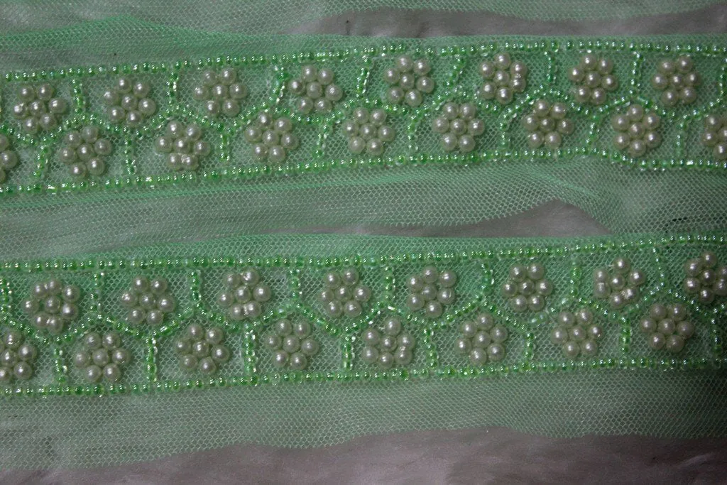 Light Green Pearl Work Embroidered Border