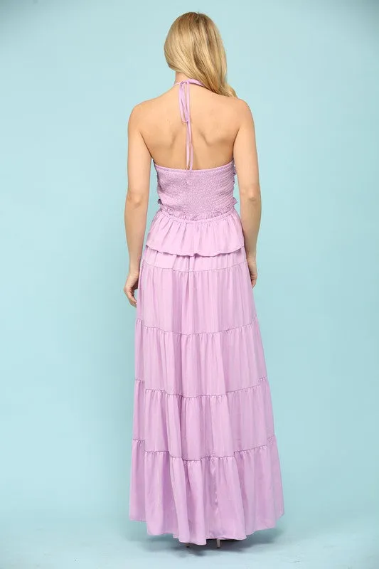 Light Purple Shiny Woven Halter Neck Strap Key Hole Front Midi