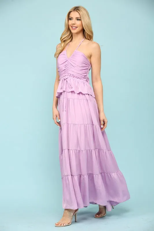 Light Purple Shiny Woven Halter Neck Strap Key Hole Front Midi