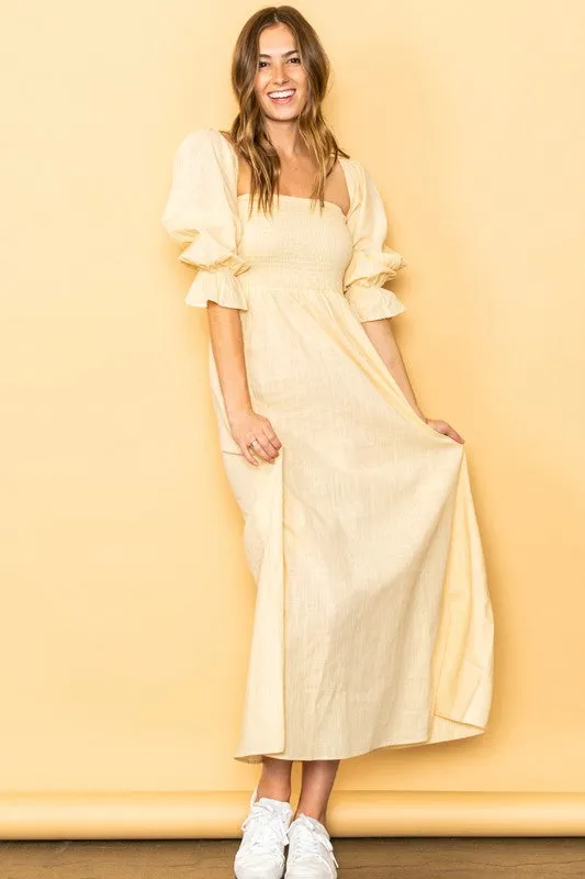 Light Yellow On And Off Shoulder Smocked Chest Maxi Linen Dress