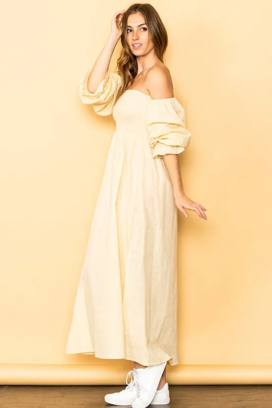 Light Yellow On And Off Shoulder Smocked Chest Maxi Linen Dress