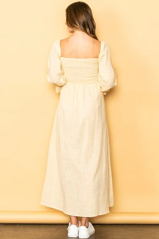 Light Yellow On And Off Shoulder Smocked Chest Maxi Linen Dress