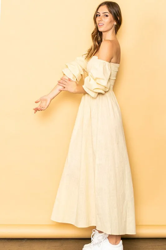 Light Yellow On And Off Shoulder Smocked Chest Maxi Linen Dress