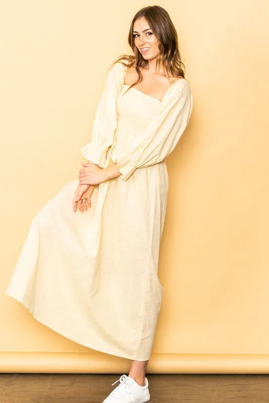 Light Yellow On And Off Shoulder Smocked Chest Maxi Linen Dress