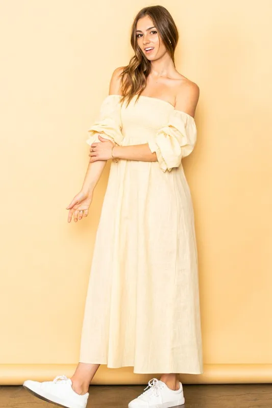 Light Yellow On And Off Shoulder Smocked Chest Maxi Linen Dress