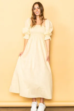 Light Yellow On And Off Shoulder Smocked Chest Maxi Linen Dress