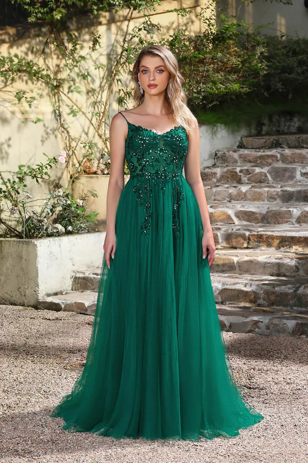 Long A-line V-neck Sleeveless Tulle Floor Length Prom Dresses