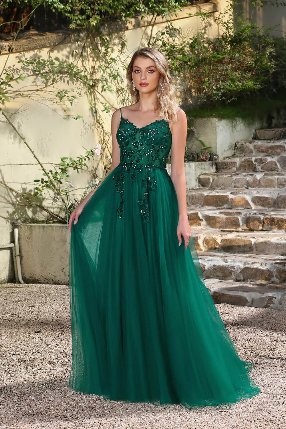 Long A-line V-neck Sleeveless Tulle Floor Length Prom Dresses